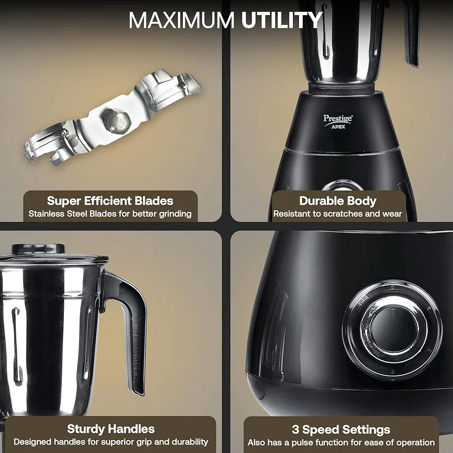 Prestige Apex Blendo 500W 4Jars Mixer Grinder|2 Full Size Stainless Steel Jar|2 Nutri-Blend Jar|3 Super Efficient Blades|Black