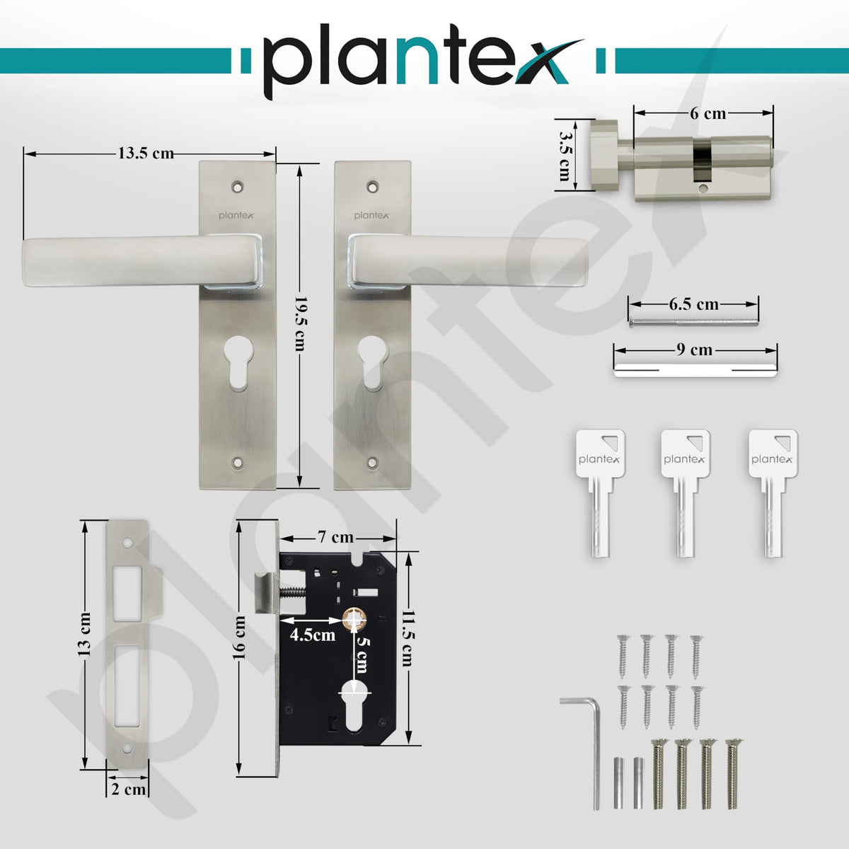 Plantex Heavy-Duty Door Lock Set - Main Door Lock Handle Set/Mortise Lock with 3 Keys, Brass Lock Body & Cylinder (8116 - Steel Satin & Chrome)-3