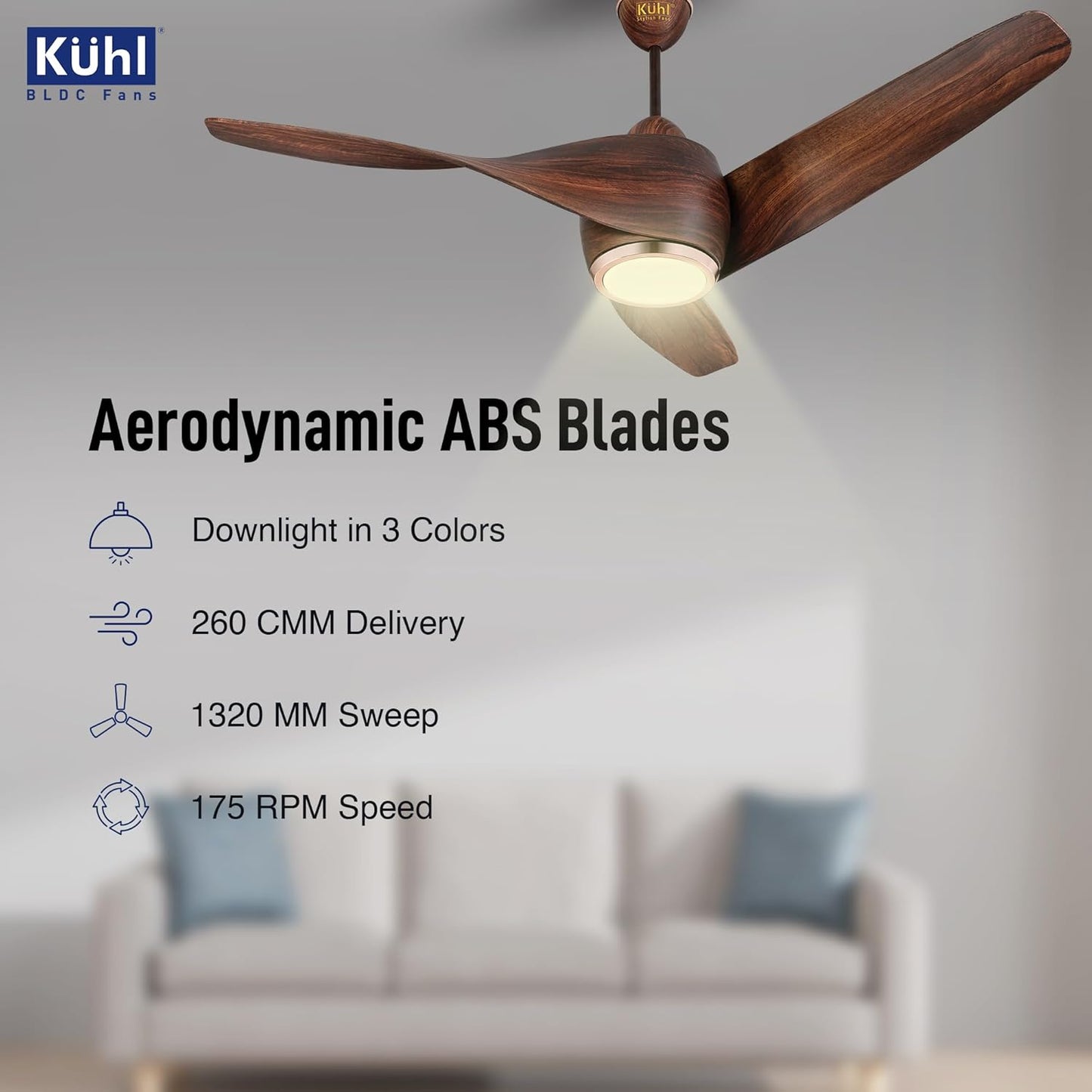 KUHL Twist L3 1320 mm 65% Power Saving BLDC Ceiling Fan | BEE 5 Star Rated & ISI Marked | High Air Flow |5YearWarranty on Motor By Brand |Free Installation | IoT – Operate via Mobile & Alexa | Teak