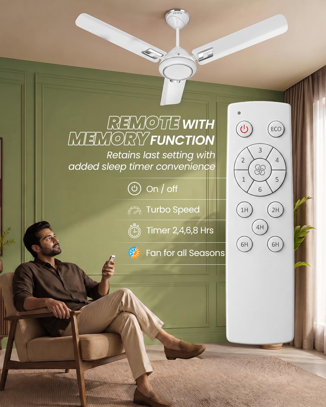 Sujata Kinetica BLDC 1200 mm Ceiling Fan with Remote | 5 Star (White Chrome)-5