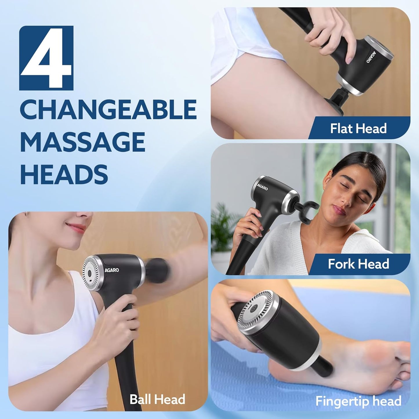 AGARO Regency Gun Massager, 4 Heads, 13 Speed, Rechargeable, Handheld, Percussion Muscle Massager for Full Body Pain Relief, Muscle Relaxation of Neck, Shoulder, Back, Foot for Men & Women, Black