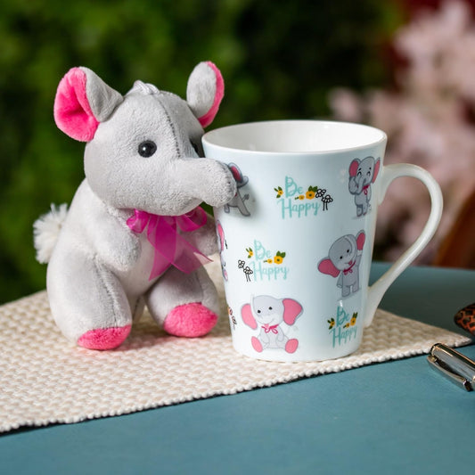 Clay Craft Printed Fine Ceramic Zing Milk Mug with Toy - 340 ml- 1 Piece (Be Happy - Elephant)