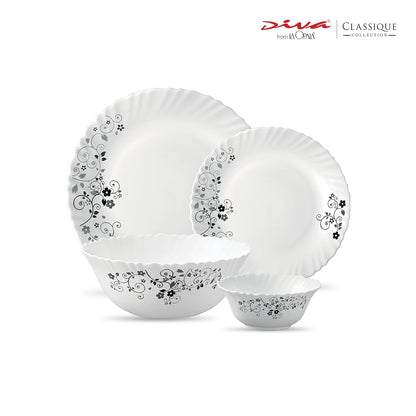 La Opala Diva Classique Collection Opal Glass Crockery | for Family of 6 | Dinner Set 19 pcs Mystrio Black | Plates & Bowls for Dining | Microwave Safe | 100% Vegetarian | Extra Strong | White