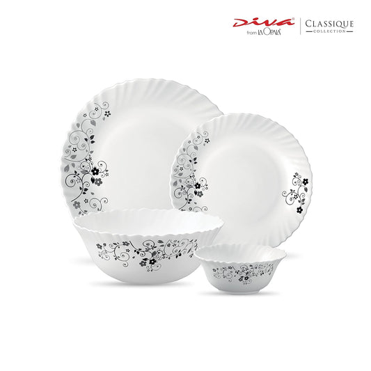 La Opala Diva Classique Collection Opal Glass Crockery | for Family of 6 | Dinner Set 19 pcs Mystrio Black | Plates & Bowls for Dining | Microwave Safe | 100% Vegetarian | Extra Strong | White