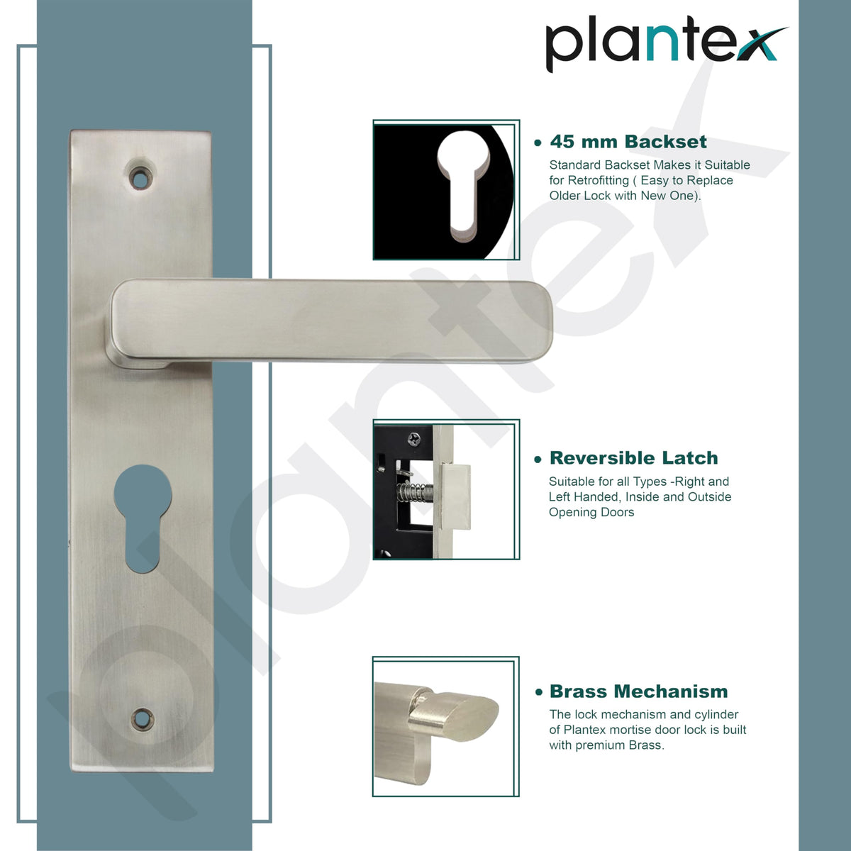 Plantex Heavy-Duty Door Lock Set - Main Door Lock Handle Set/Mortise Lock with 3 Keys, Brass Lock Body & Cylinder (8125 - Steel Satin & Chrome)-6