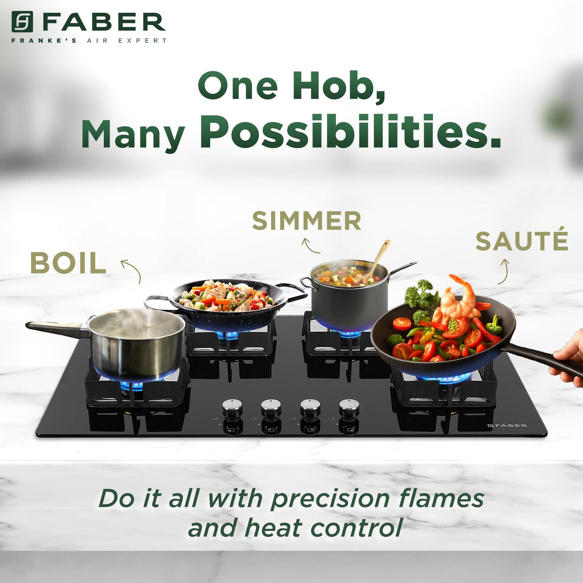 Faber 4 Burner HCT 90 cm Hob| Brass Burners| Bakelite Knobs| Cast Iron Pan Support| Hob/Cooktop Hybrid| Toughened Glass 