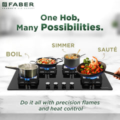 Faber 4 Burner HCT 90 cm Hob| Brass Burners| Bakelite Knobs| Cast Iron Pan Support| Hob/Cooktop Hybrid| Toughened Glass 