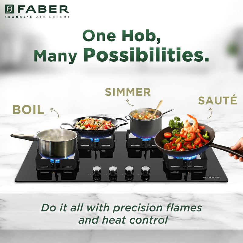 Faber 4 Burner HCT 90 cm Hob| Brass Burners| Bakelite Knobs| Cast Iron Pan Support| Hob/Cooktop Hybrid| Toughened Glass 