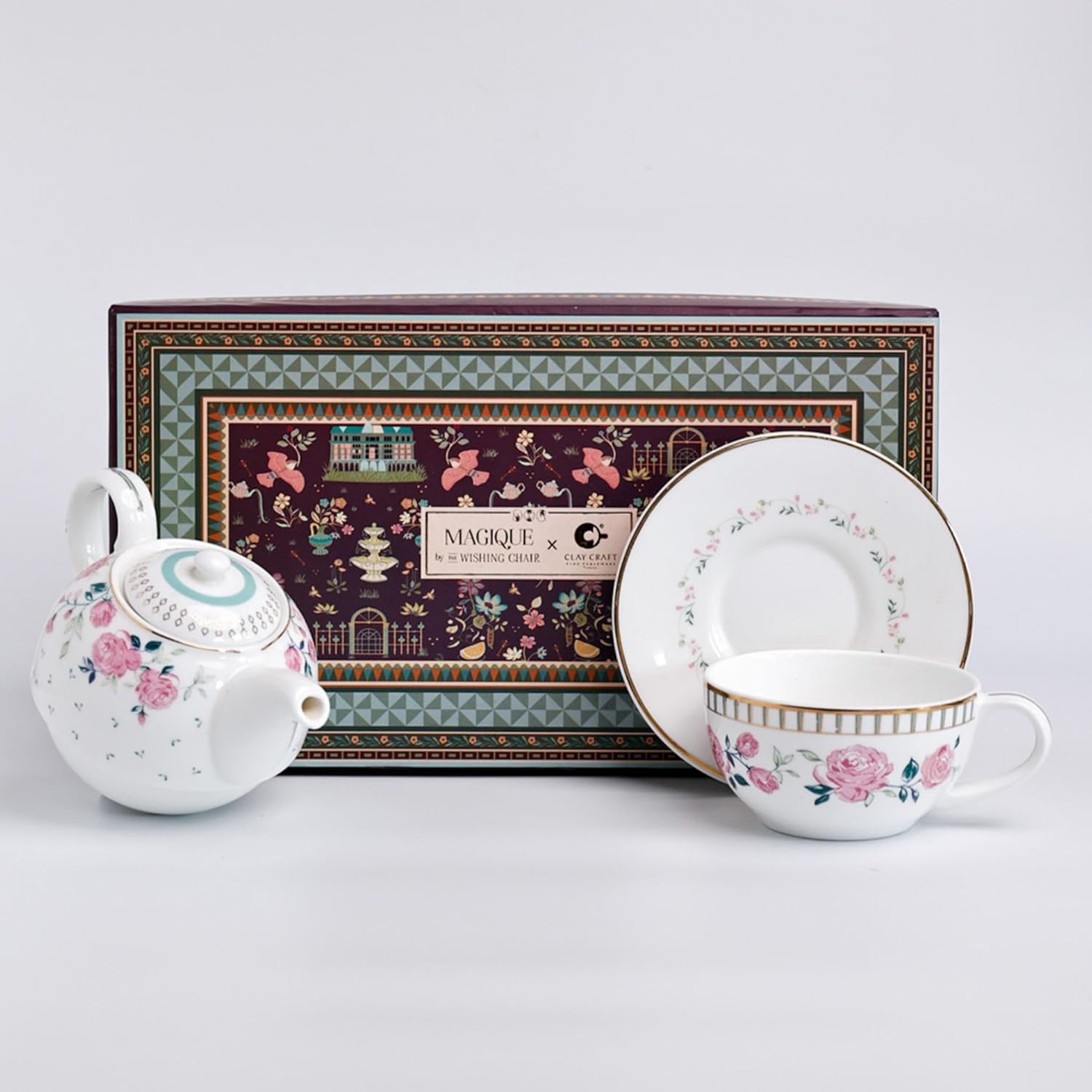 Magique by The Wishing Chair x ClayCraft : Portrait of a Rose - Tea for One Giftbox | Ceramic Tea Cup and Saucer| Dishwasher Safe | Festive Gifting | GiftBox Packaging