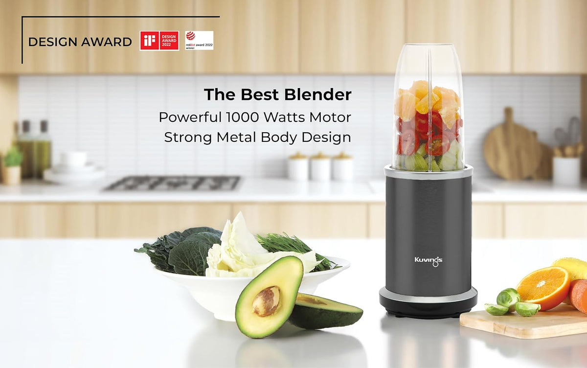 Kuvings Nutri Blender PRO Gunmetal Grey, Powerful 1000 Watts Motor, Mixer/Grinder/Smoothie Maker, Blender for Smoothies and Juices, Stainless Steel Body, 2 Blade Set: Wet & Dry