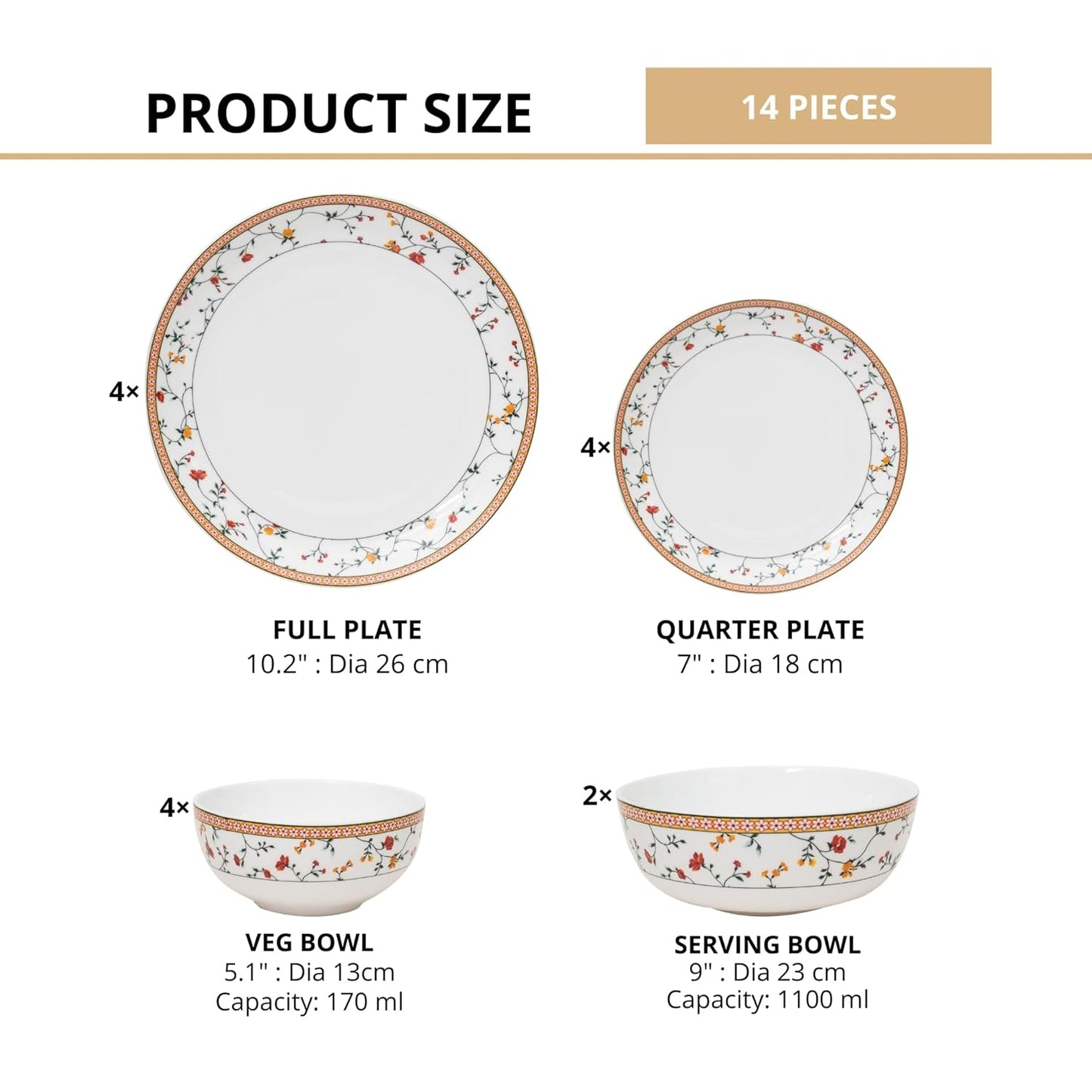 Clay Craft Fine Ceramic Eco Dinner Set, Enchanting Gold, for Family of 4, Dinner Set Ceramic, Crockery Set, Dining Set for Dinner, Crockery Set for Gift, Kitchen Set (ECO1, 14 Pieces)