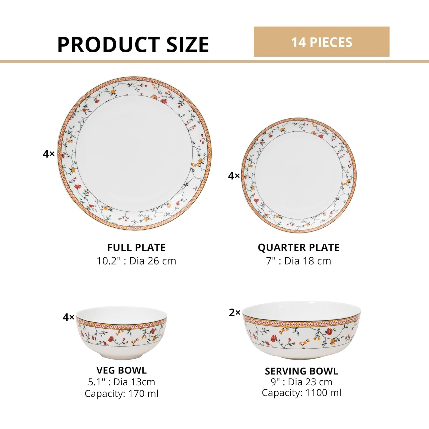 Clay Craft Fine Ceramic Eco Dinner Set, Enchanting Gold, for Family of 4, Dinner Set Ceramic, Crockery Set, Dining Set for Dinner, Crockery Set for Gift, Kitchen Set (ECO1, 14 Pieces)