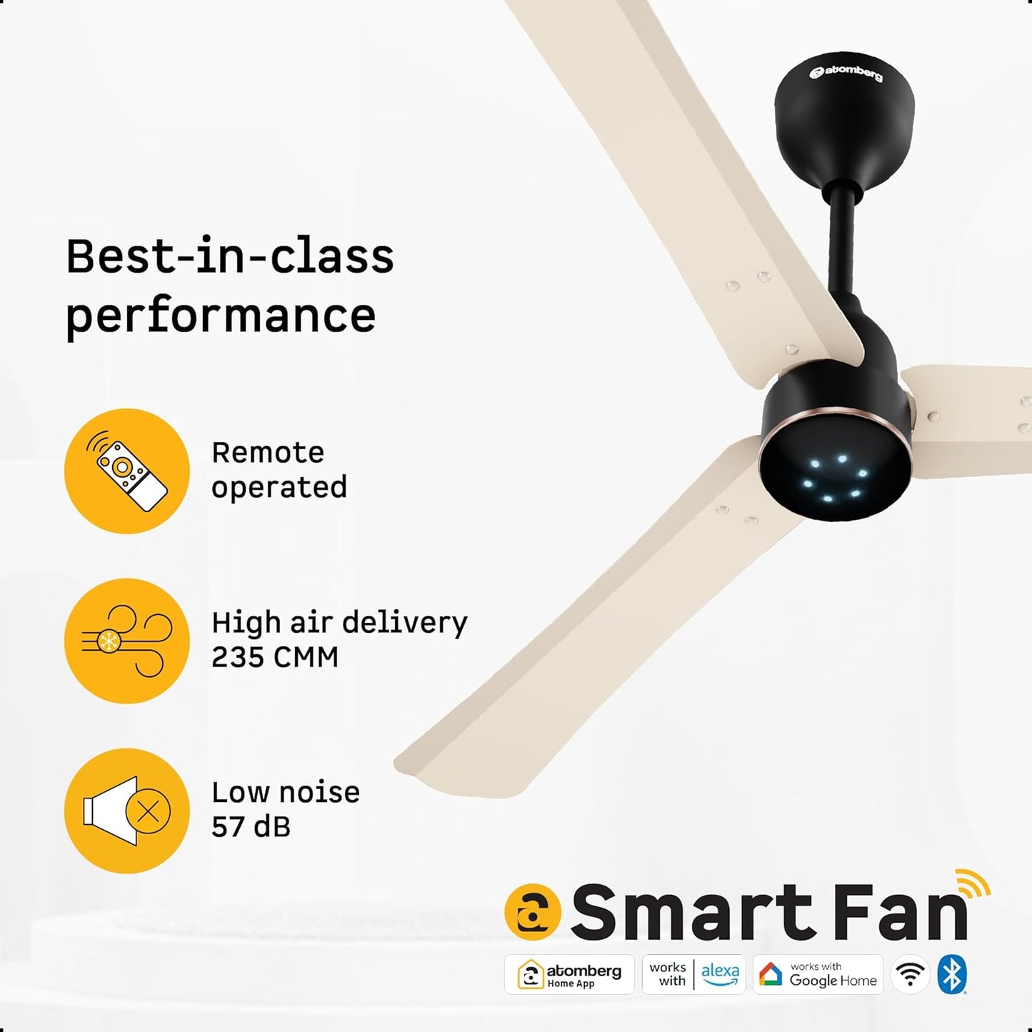 atomberg Renesa Halo Smart Alexa Enabled 1200mm BLDC Ceiling Fan with Remote |BEE 5 star | High Air Delivery | Low noise | LED Speed Indicator | Sleek Design | | 3 Year Warranty| SeaSand Ivory & Black