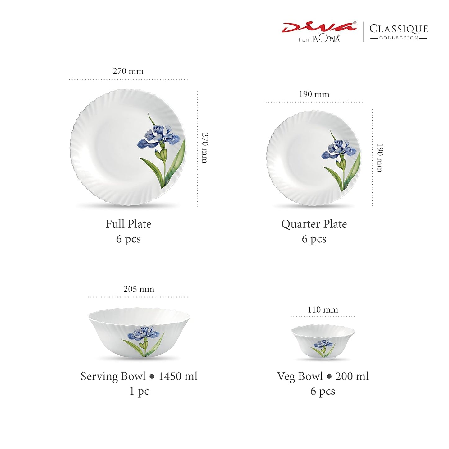 La Opala Diva Classique Collection Opal Glass Crockery | for Family of 6 | Dinner Set 19 pcs Royal Iris | Plates & Bowls for Dining | Microwave Safe | 100% Vegetarian | Extra Strong | White