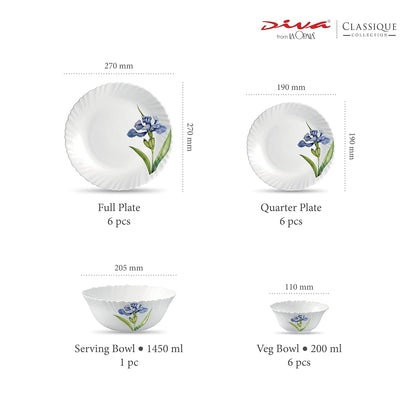 La Opala Diva Classique Collection Opal Glass Crockery | for Family of 6 | Dinner Set 19 pcs Royal Iris | Plates & Bowls for Dining | Microwave Safe | 100% Vegetarian | Extra Strong | White