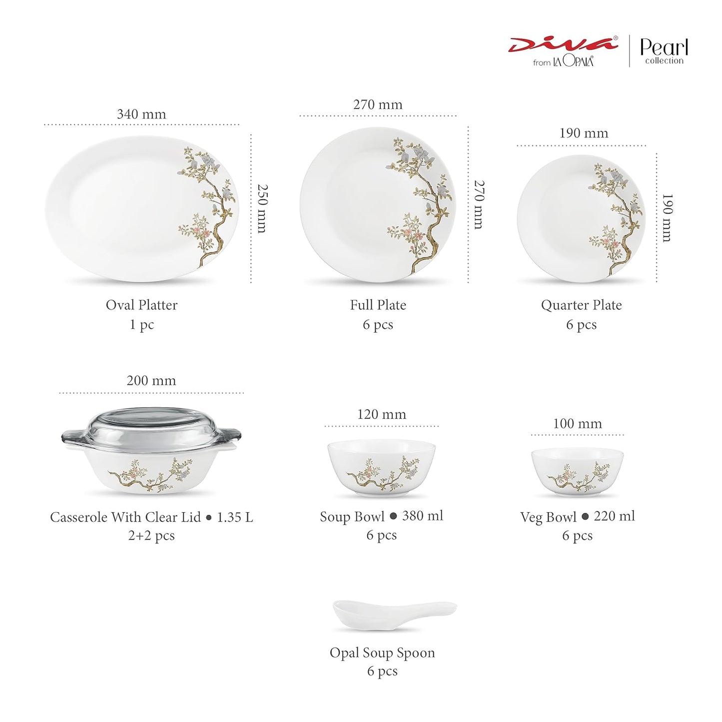 Diva by La Opala, Pearl Collection, Opal Glass Dinner Set 35 pcs, Zen Garden, White