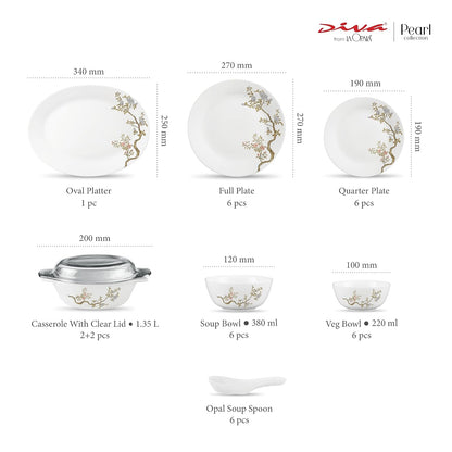 Diva by La Opala, Pearl Collection, Opal Glass Dinner Set 35 pcs, Zen Garden, White