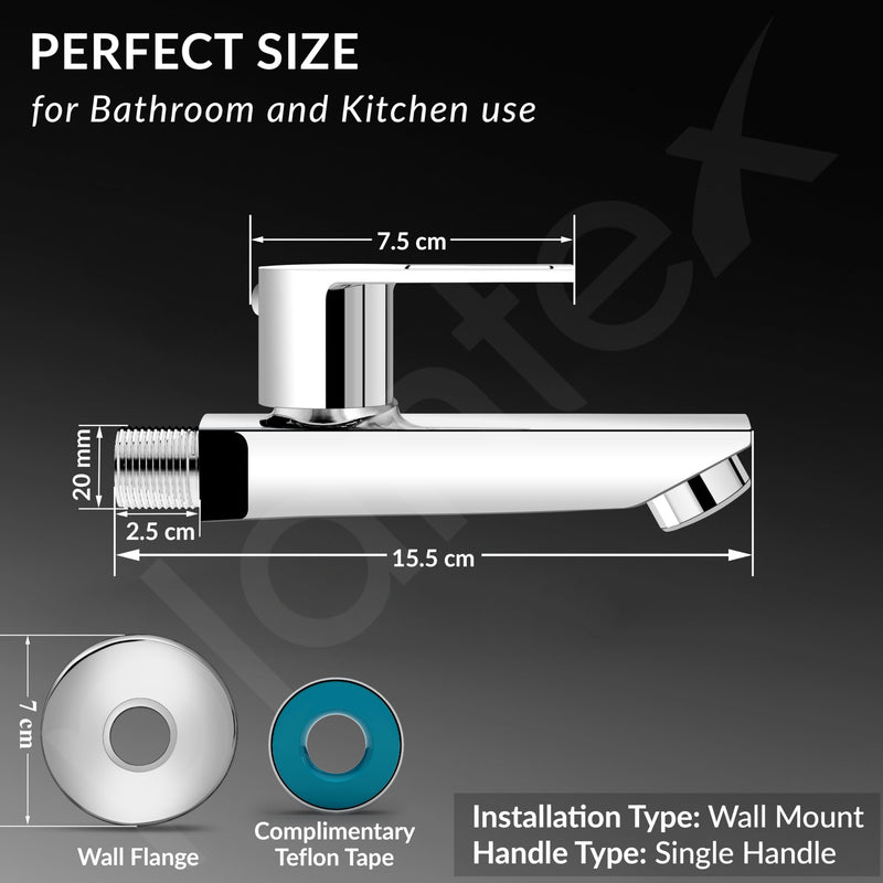 Plantex Pure Brass Bib Cock for Bathroom/Long Body Taps/Wall Mount Tap for Wash Basin with Teflon Tape & Wall Flange - Pack of 1 (Chrome, 3225)-5