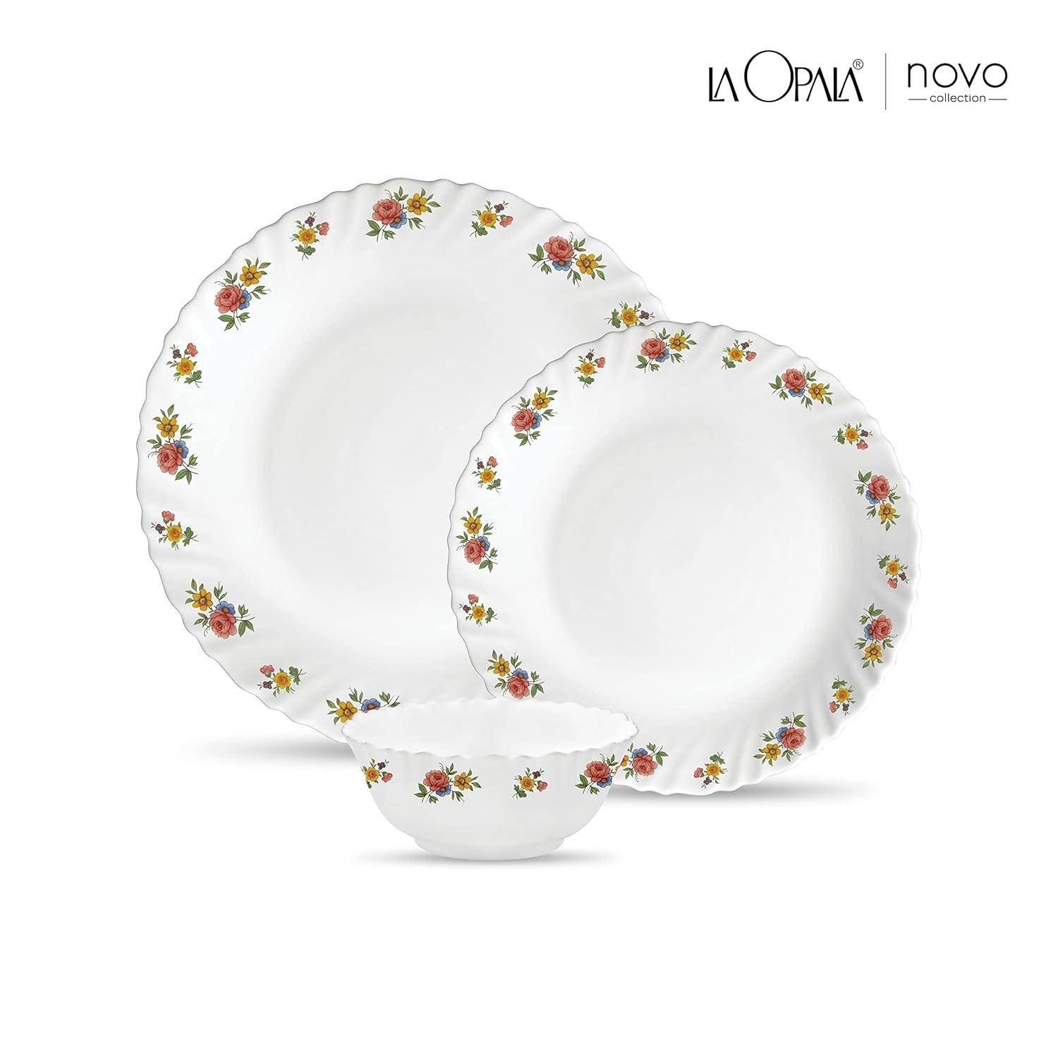 La Opala Novo Collection Opal Glass Crockery | for Family of 6 | Dinner Set 18 pcs Petite Roses | Plates & Bowls for Dining | Microwave Safe | 100% Vegetarian | Extra Strong | Light & White
