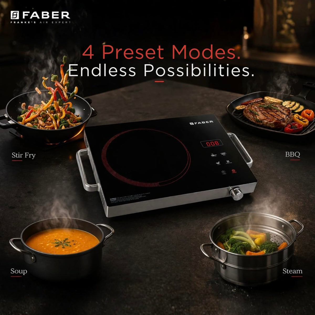 Faber 2200W Infrared Cooktop Stove| High Gloss Glass Finish| Digital Display| 4 Preset Cooking Modes| Touch Control| SS 