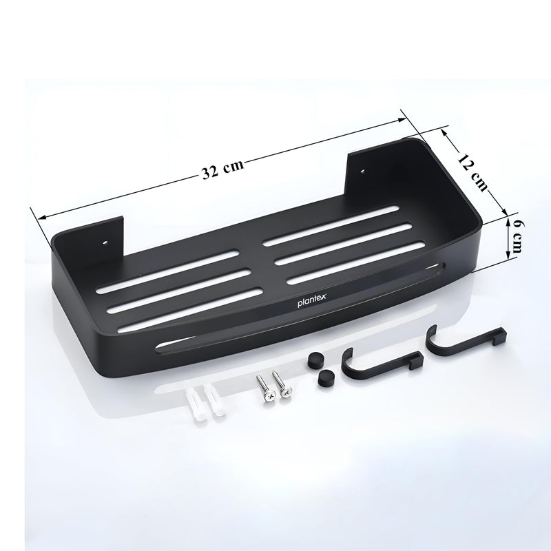 Plantex Bathroom Shelf for Wall/Space Aluminium Wall Mounted Shelf for Bathroom with Removable Hooks/Floating Shelf/Bathroom Organiser - 12x5 inches, Black (Pack of 1)-2