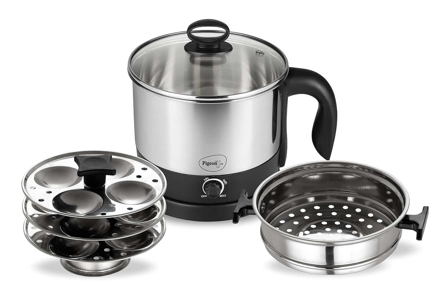 Pigeon By Stovekraft 1.5 Liters Multipurpose Kessel 3 In 1 Value Pack, Multi Cooker, Idli Stand With 3 Plates, Steamer With Stainless Steel Stand (Black & Silver), 600 Watts