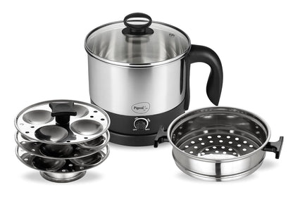 Pigeon By Stovekraft 1.5 Liters Multipurpose Kessel 3 In 1 Value Pack, Multi Cooker, Idli Stand With 3 Plates, Steamer With Stainless Steel Stand (Black & Silver), 600 Watts