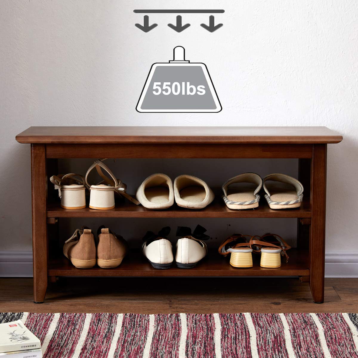 Storage Bench Wooden Shoe Rack Bench | Rustic Solid Wood Entryway Bench | Indoor Shoe Organizer | Brown Wood Sh