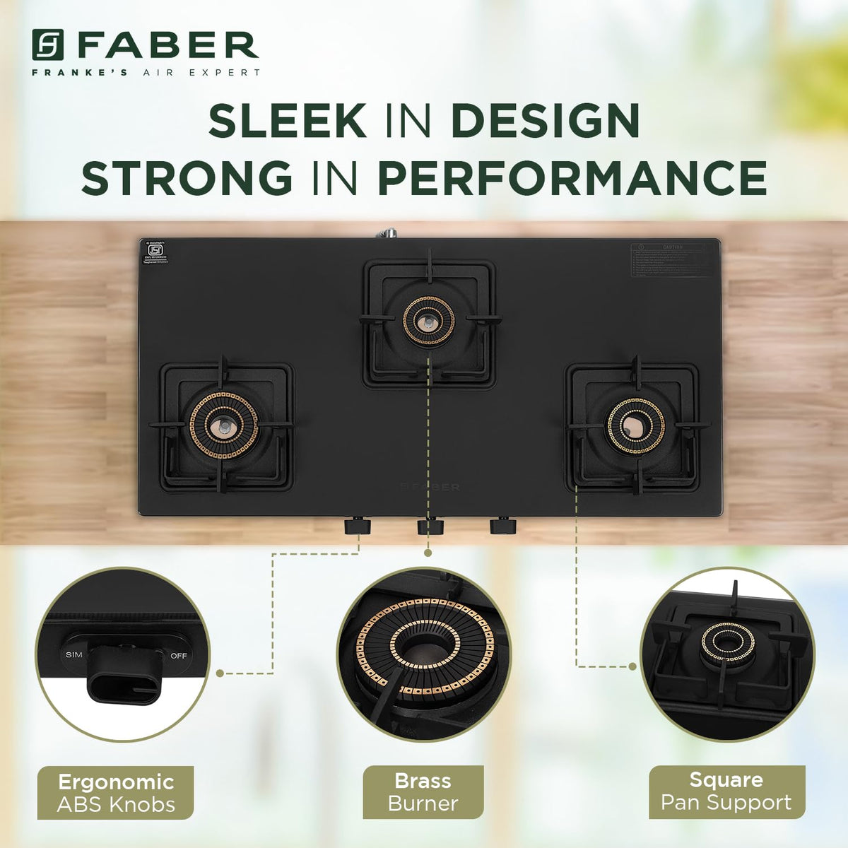 Faber Blossom Black Matt Glass Finish Cooktop|3 Brass Burners-Jumbo, Medium & Small |Manual Ignition|Heavy Pan Support W