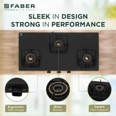 Faber Blossom Black Matt Glass Finish Cooktop|3 Brass Burners-Jumbo, Medium & Small |Manual Ignition|Heavy Pan Support W