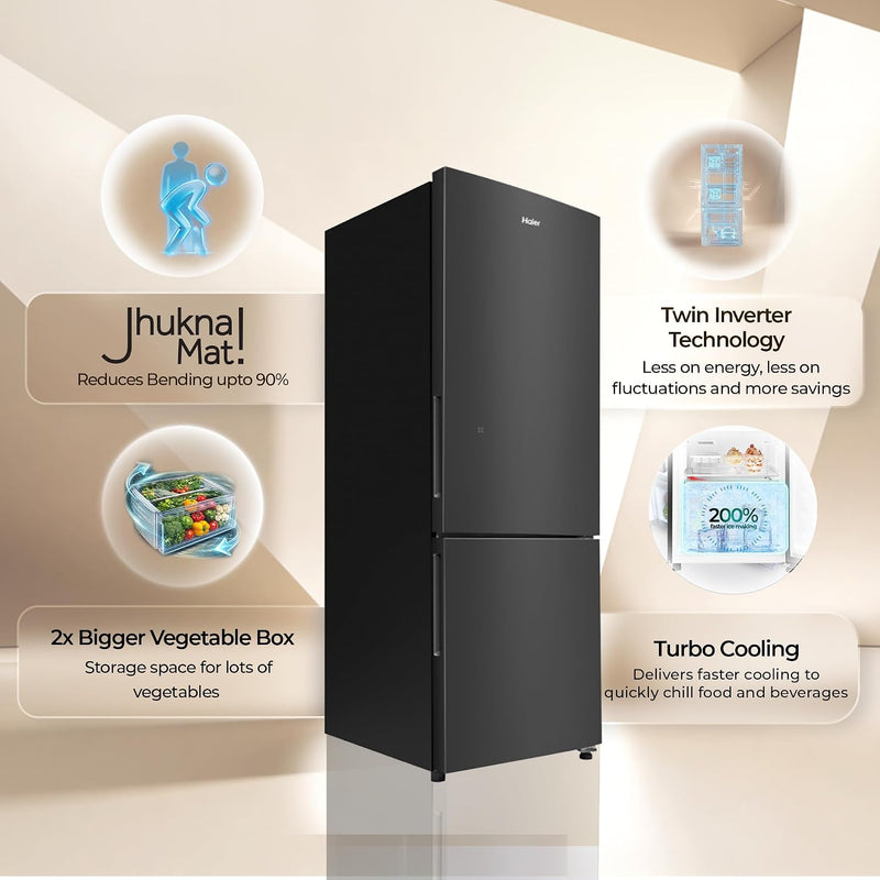 Haier 237 L 2 Star Frost Free Twin Inverter Double Door Bottom Mount Refrigerator with Extra Spacious 2X Veg Box (HEB-242EGBA-P, GE Black, 2026 Model)-2