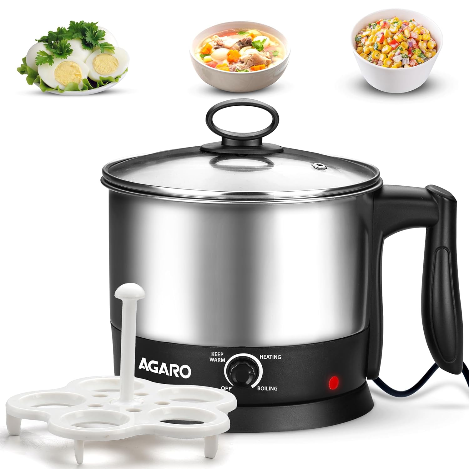 AGARO Esteem Electric Multi Kettle 1.2L, 600W, with Stainless Steel Body, Egg Rack, Grill Rack, 3 Heating Modes & Rapid Boil Technology, Boiling Water, Tea, Coffee, Oats, Noodle, Soup