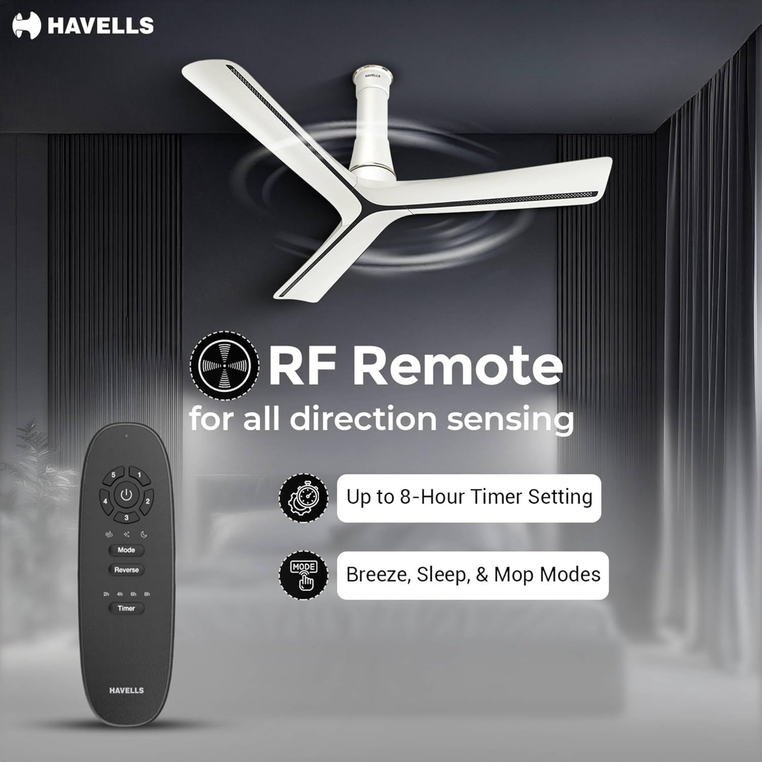 Havells Inveno LX 1200 mm BLDC Ceiling Fan|ABS Aerodyanamic Blades|Telescopic Canopy|Timer,Breeze,Sleep,MOP Modes|Reverse Feature|100% Copper Motor|Free Installation|2 Year Warranty(Matt Pearl White)