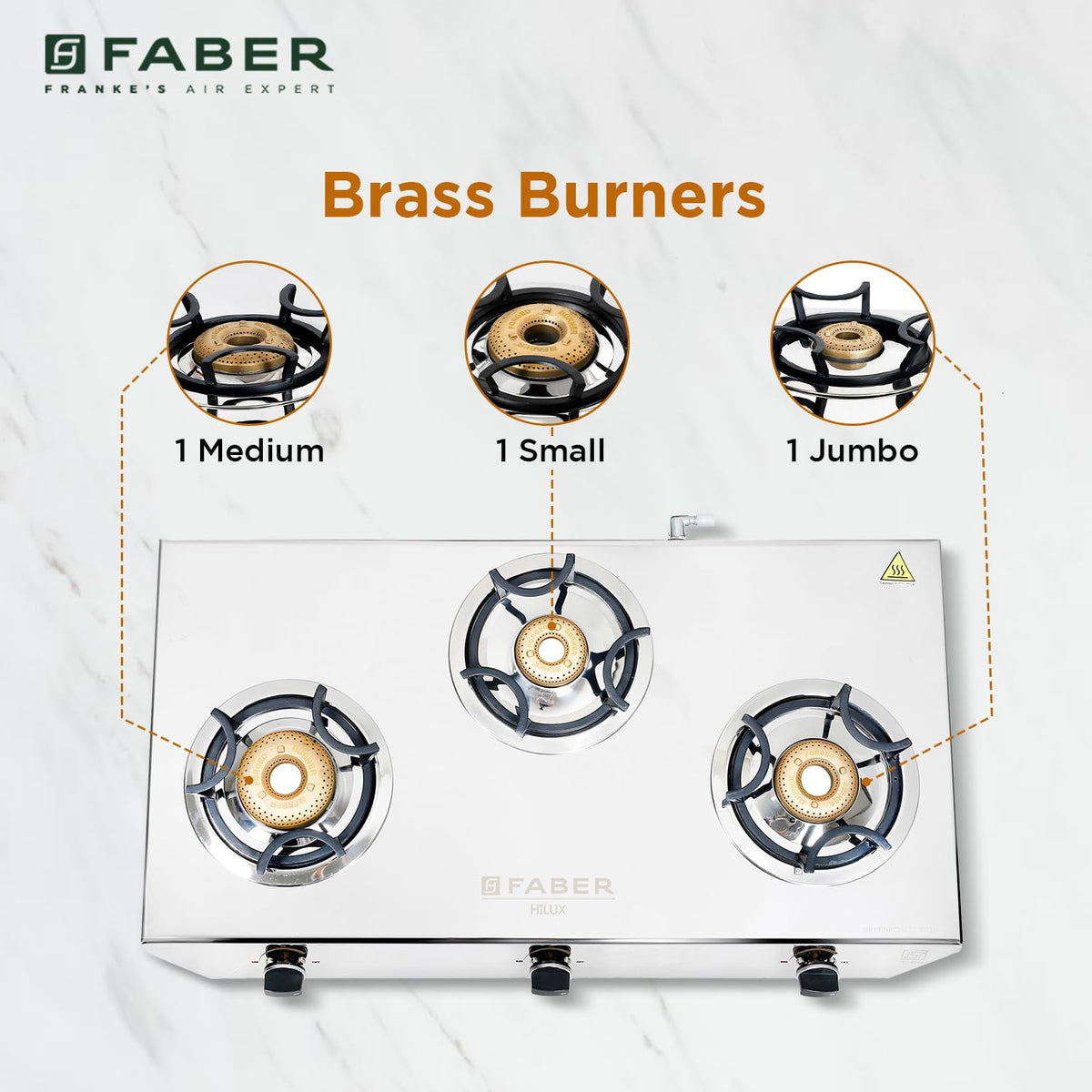 Faber Hilux 3 Burner SS Gas Stove | 1 Jumbo + 1 Medium + 1 Small | Anti-Skid Legs | Drip Tray | 360° Nozzle | Nylon Knob