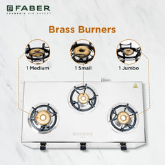 Faber Hilux 3 Burner SS Gas Stove | 1 Jumbo + 1 Medium + 1 Small | Anti-Skid Legs | Drip Tray | 360° Nozzle | Nylon Knob