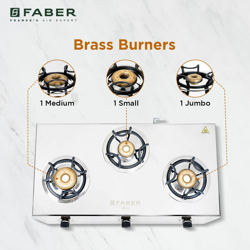 Faber Hilux 3 Burner SS Gas Stove | 1 Jumbo + 1 Medium + 1 Small | Anti-Skid Legs | Drip Tray | 360° Nozzle | Nylon Knob