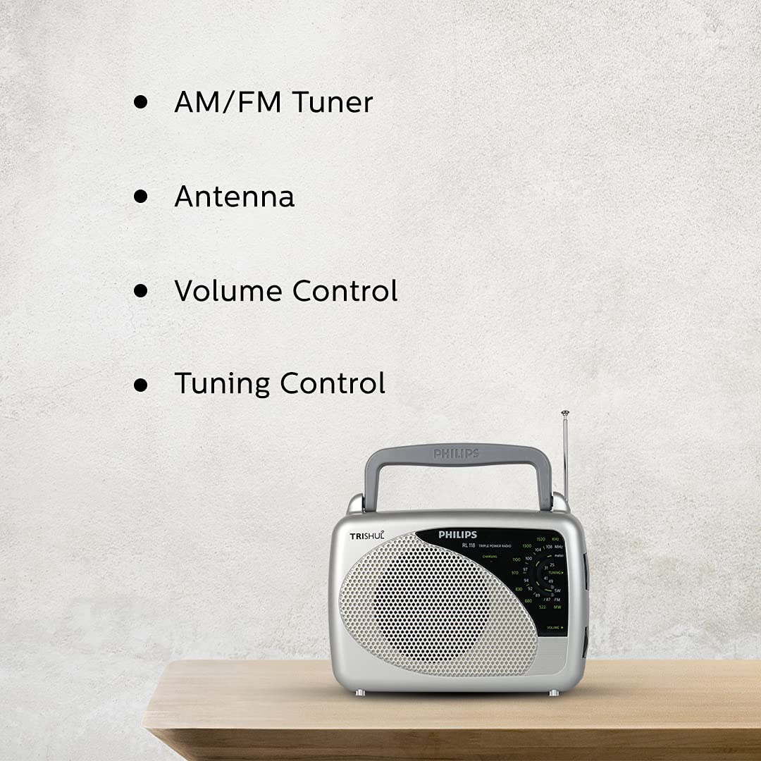 Philips RL118/94 Portable FM/AM Radio, 3-in-1 Power (Rechargeable Battery, AC/DC), Telescopic Antenna