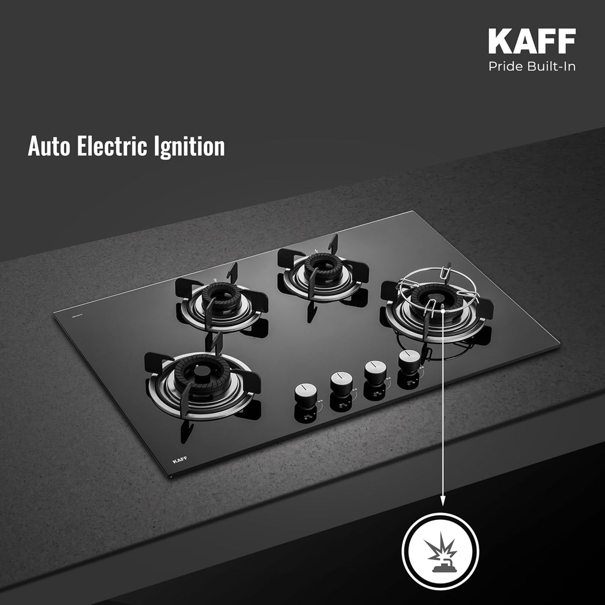 Kaff CRH804 4 Burner Built-in Gas Hob | 80 cm Black Toughened Glass (8mm) | Auto Electric Ignition | Tornado Flame Burne