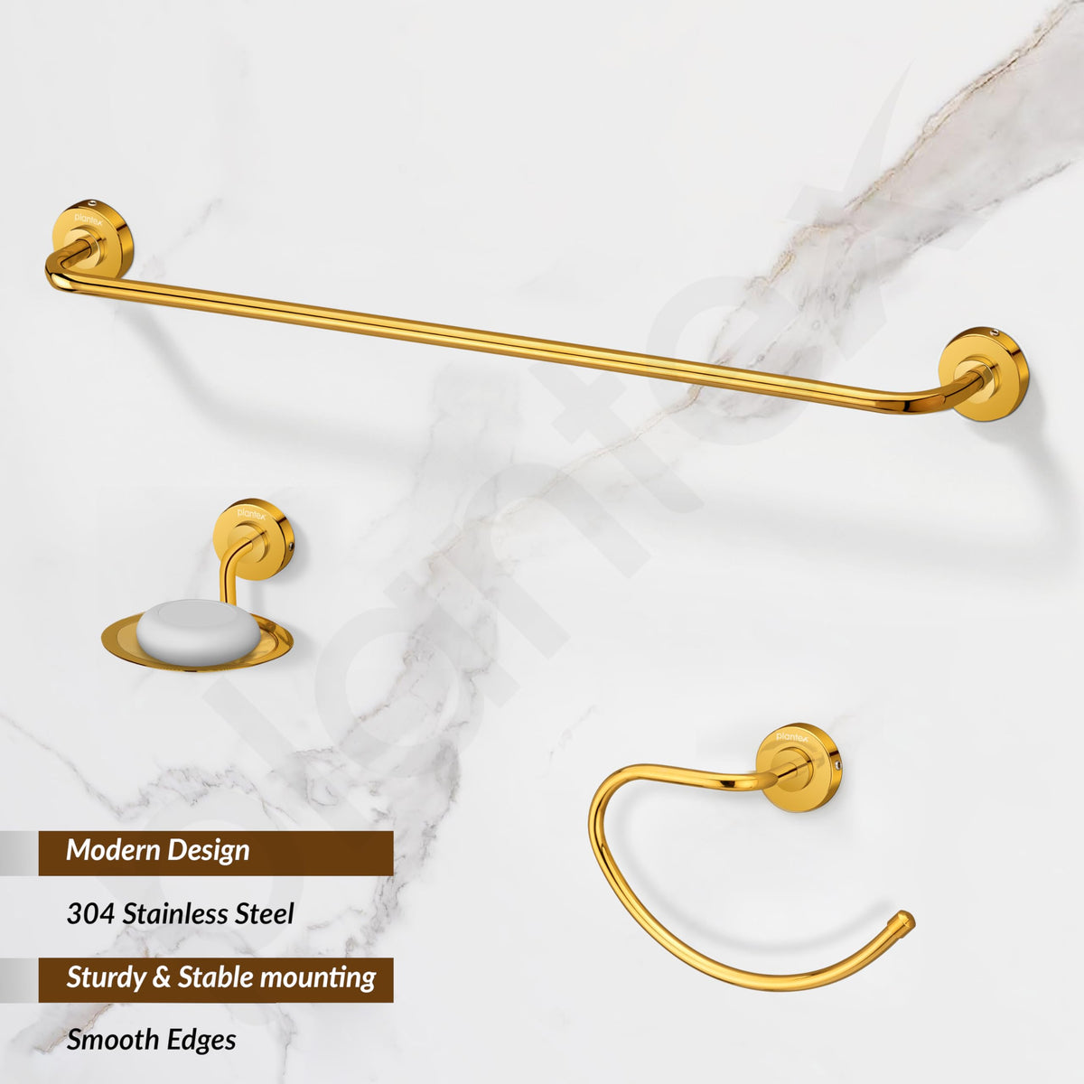 Plantex 304 Grade Stainless Steel Bathroom Accessories Set of 3 - Towel Hanger/Napking Holder/Dual Soap Holder for Bathroom - Daizy (Golden)-2