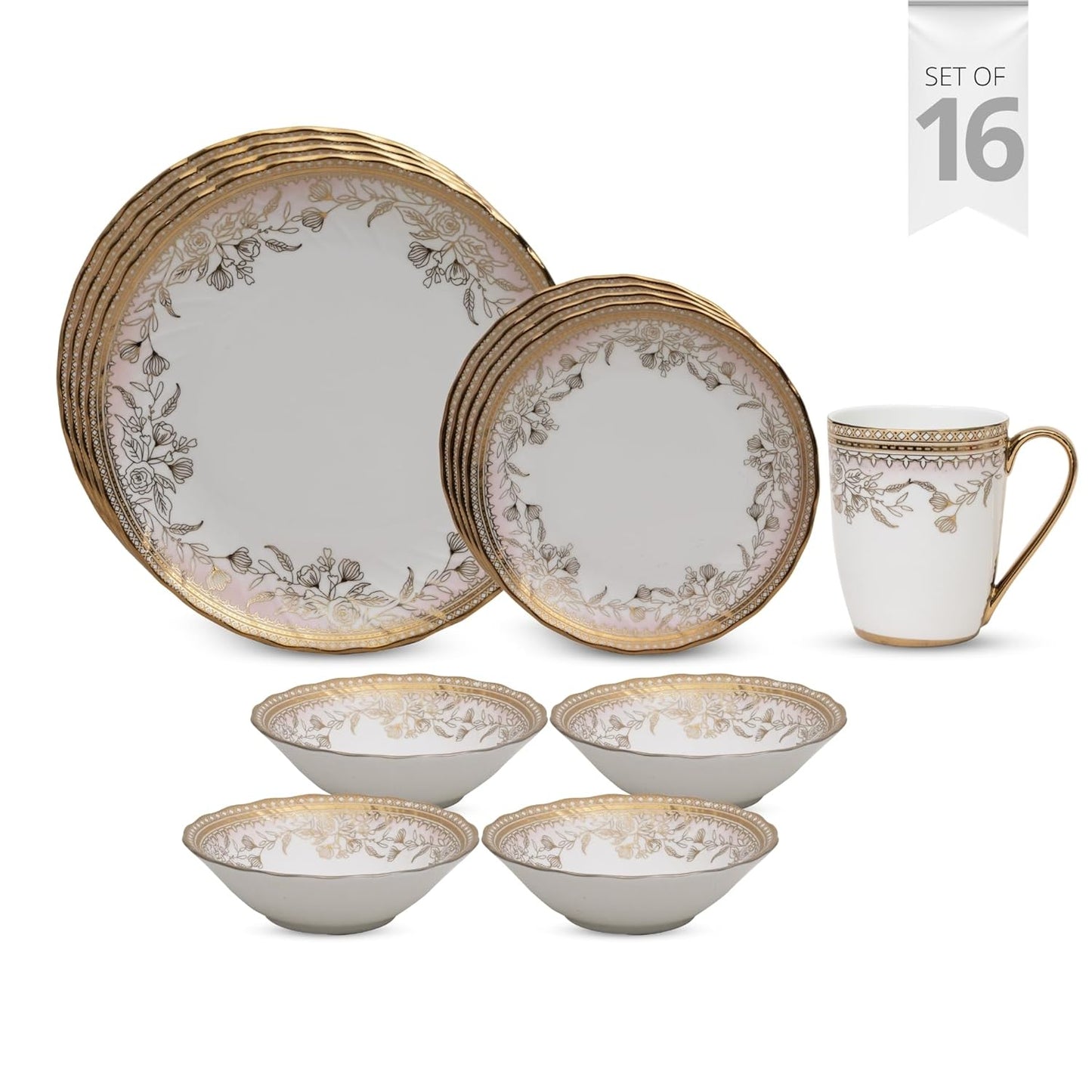 Clay Craft Fine Ceramic Ebony Dinner Set, Enchanting Gold, for Family of 4, Dinner Set Ceramic, Crockery Set, Dining Set for Dinner, Crockery Set for Gift, Kitchen Set (16 Pieces, E626)