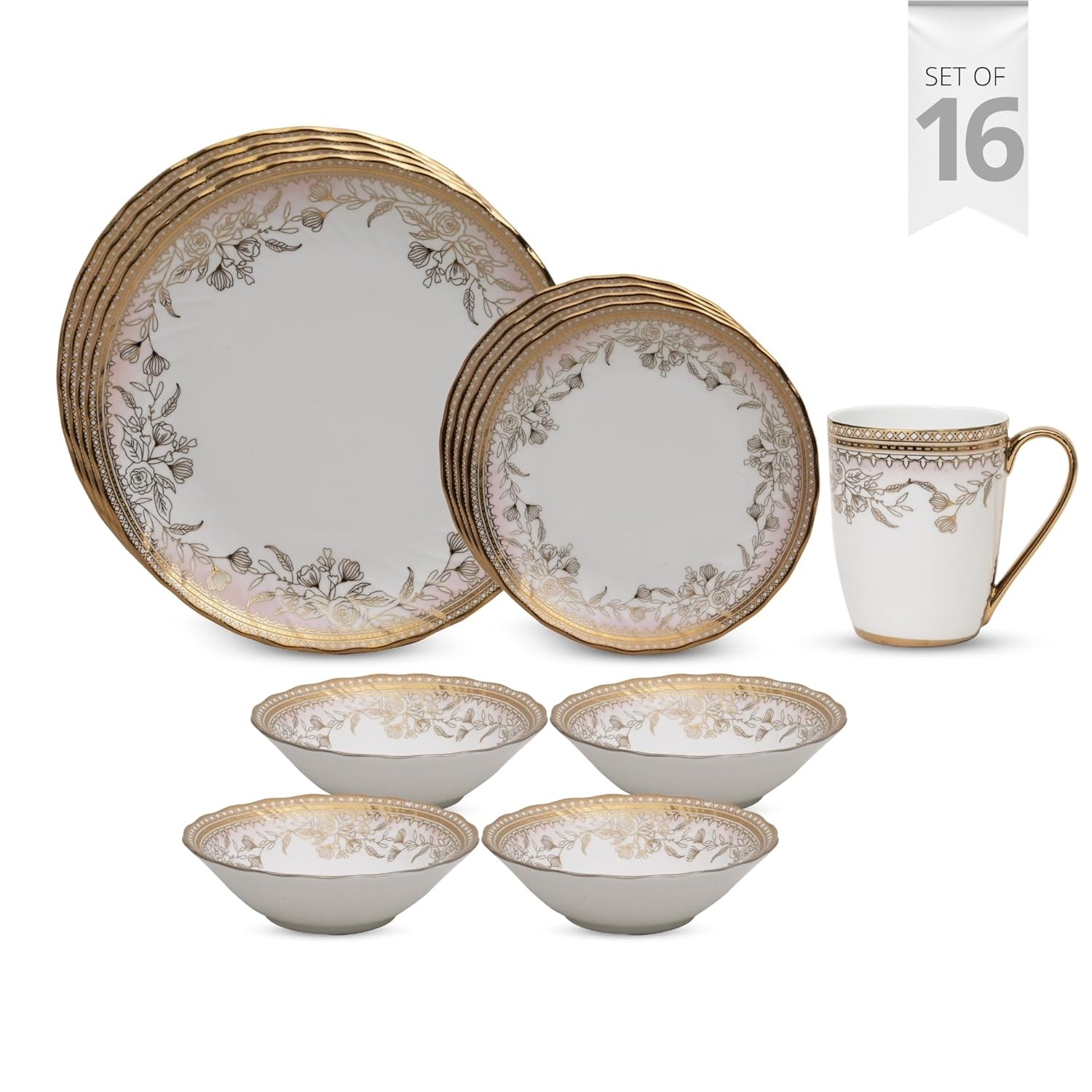 Clay Craft Fine Ceramic Ebony Dinner Set, Enchanting Gold, for Family of 4, Dinner Set Ceramic, Crockery Set, Dining Set for Dinner, Crockery Set for Gift, Kitchen Set (16 Pieces, E626)