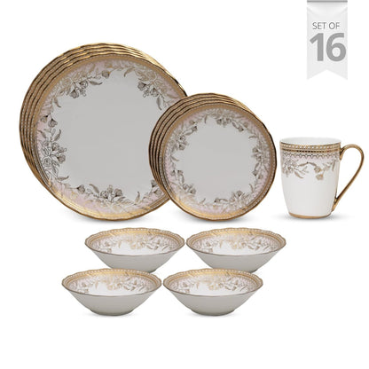 Clay Craft Fine Ceramic Ebony Dinner Set, Enchanting Gold, for Family of 4, Dinner Set Ceramic, Crockery Set, Dining Set for Dinner, Crockery Set for Gift, Kitchen Set (16 Pieces, E626)