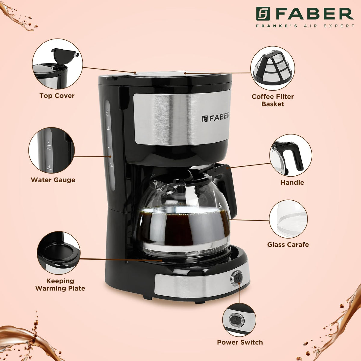 Faber Drip Coffee Machine FCM 0.6L SS BK 800W|| 4 Big Cups||Warming Plate- Keeps Coffee Warm for 30 mins||Removable Filt