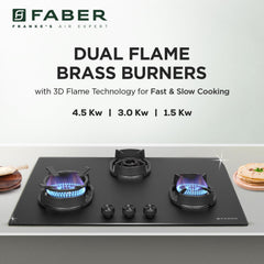 Faber Della 3 Burner 78cm Hob With Auto-Ignition, Brass Burner, Cast Iron Pan Support, Cooktop Hybrid, Matt Black Glass 