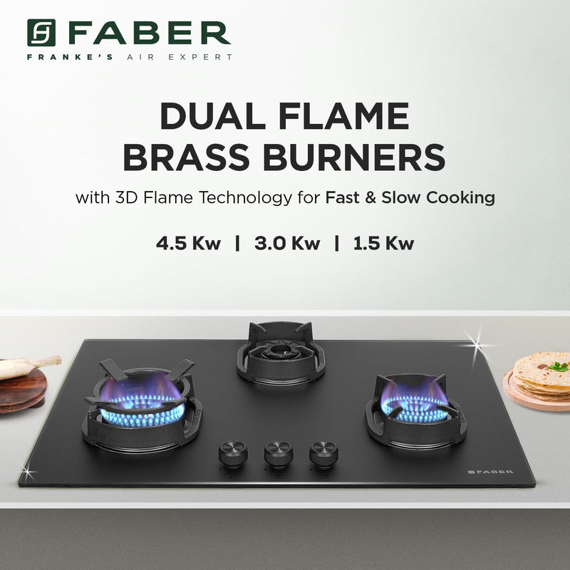 Faber Della 3 Burner 78cm Hob With Auto-Ignition, Brass Burner, Cast Iron Pan Support, Cooktop Hybrid, Matt Black Glass 
