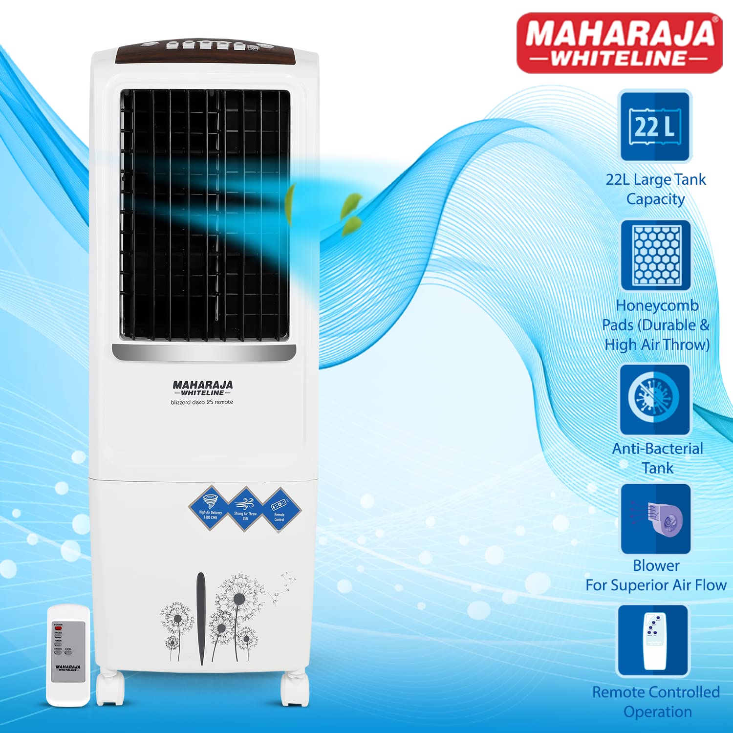 Maharaja Whiteline Blizzard Deco Tower Air Cooler with Remote, 22 litre, White & Grey