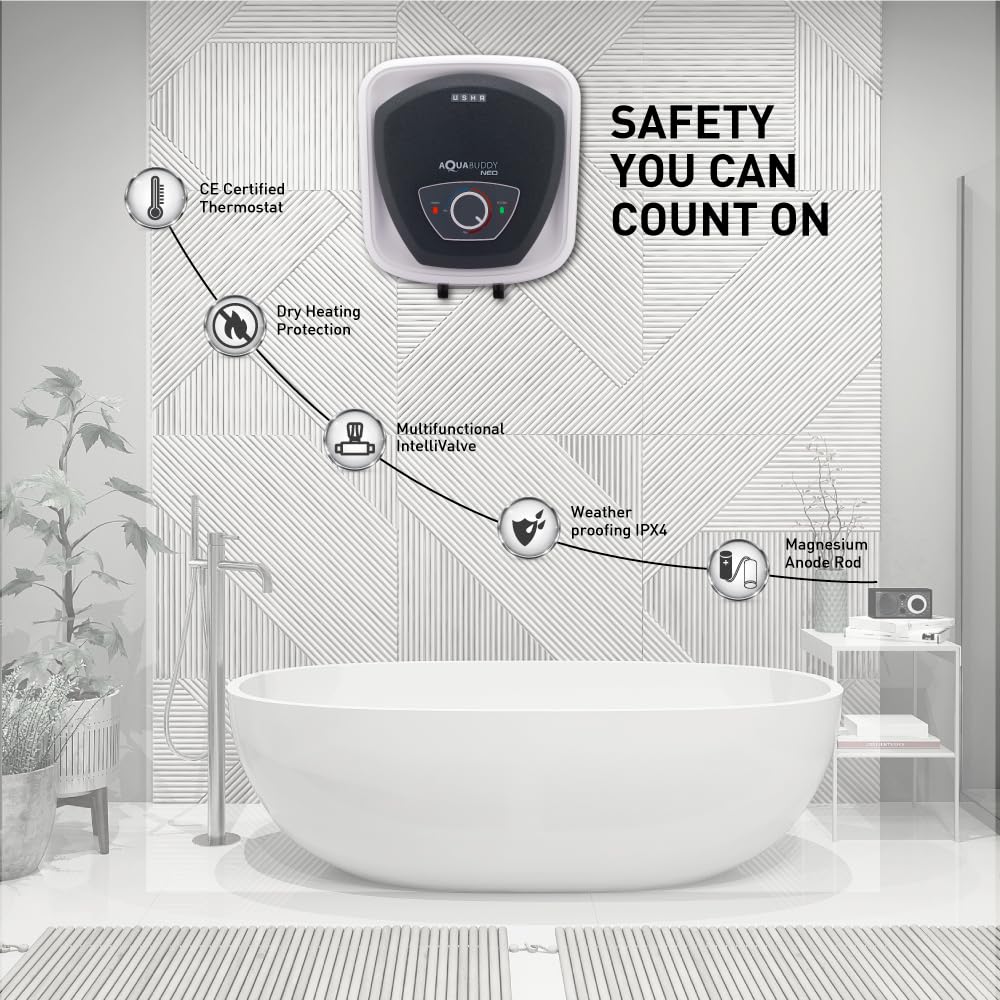 USHA AquaBuddy Neo Geyser 10 Litre 5 Star BEE Rating | Copper Heating Element | Storage Water Heater with Anti-Rust Protection | Warranty: 8 Yr Tank, 2 Yr Product