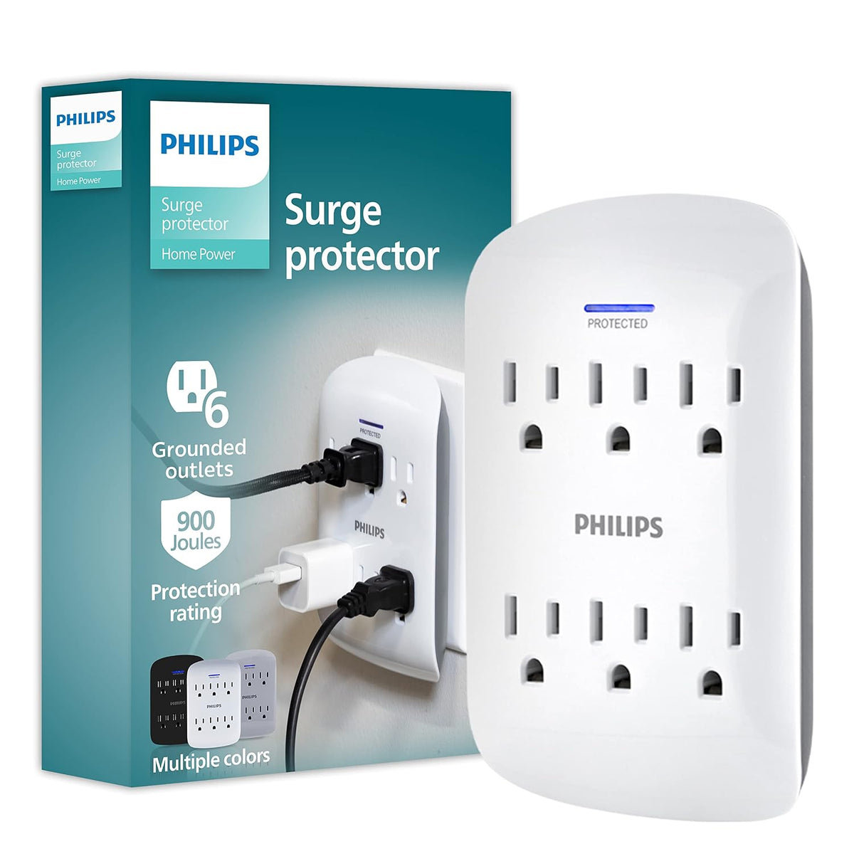 Philips 6 Outlet Surge Protector Outlet Adapter, Wall Tap Power Strip, Protected Indicator Light, 125V AC (SPP3461WA/37)