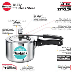 Hawkins Triply 2 Litre Classic Pressure Cooker, Triply Stainless Steel Induction Inner Lid & Small Cooker, Silver (SSTCL20)