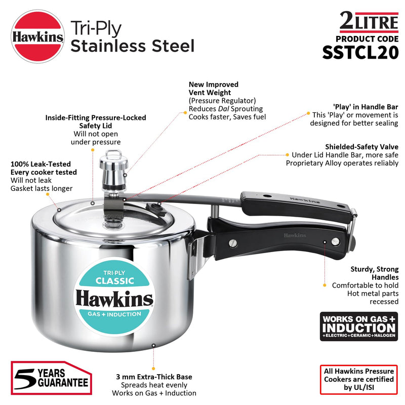 Hawkins Triply 2 Litre Classic Pressure Cooker, Triply Stainless Steel Induction Inner Lid & Small Cooker, Silver (SSTCL20)